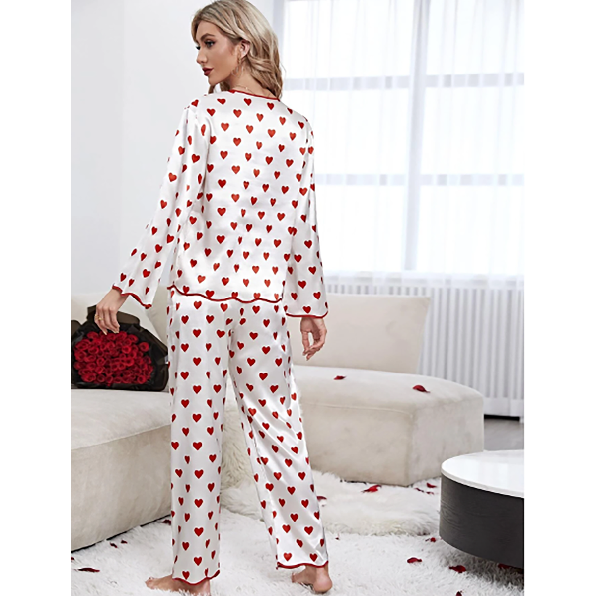SHEIN- CoupledUp Heart Print Pajama Set with Contrast Tie Detail in Atlantic Fabric White