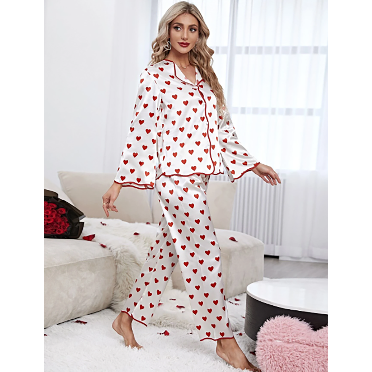 SHEIN- CoupledUp Heart Print Pajama Set with Contrast Tie Detail in Atlantic Fabric White