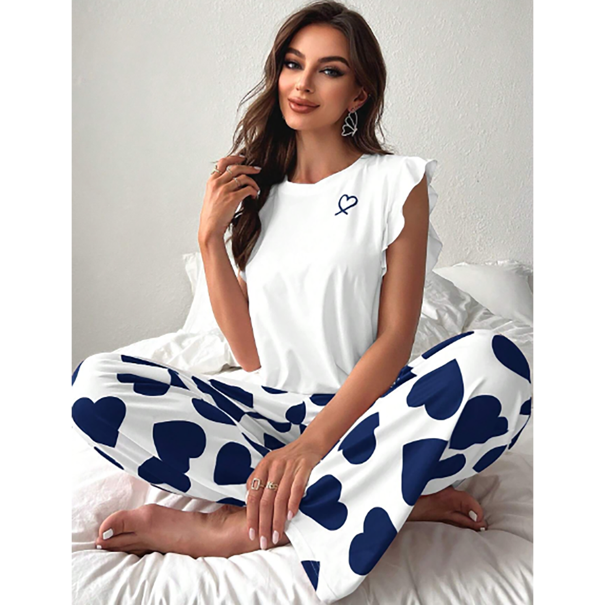 SHEIN- CoupledUp pajama set/sleepwear set with heart print and ruffle trimming