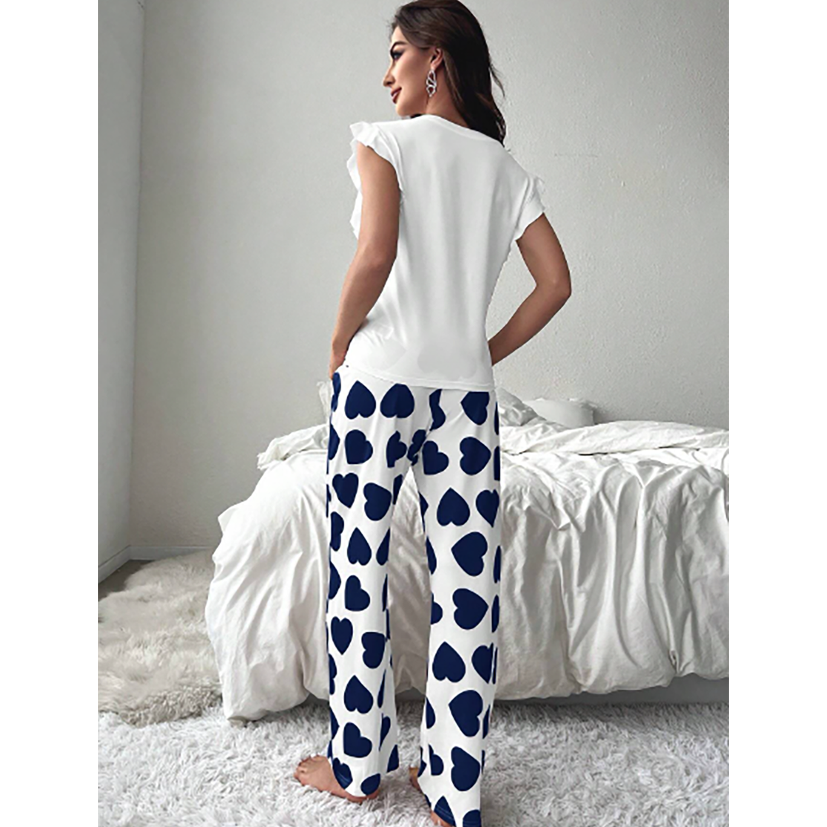 SHEIN- CoupledUp pajama set/sleepwear set with heart print and ruffle trimming