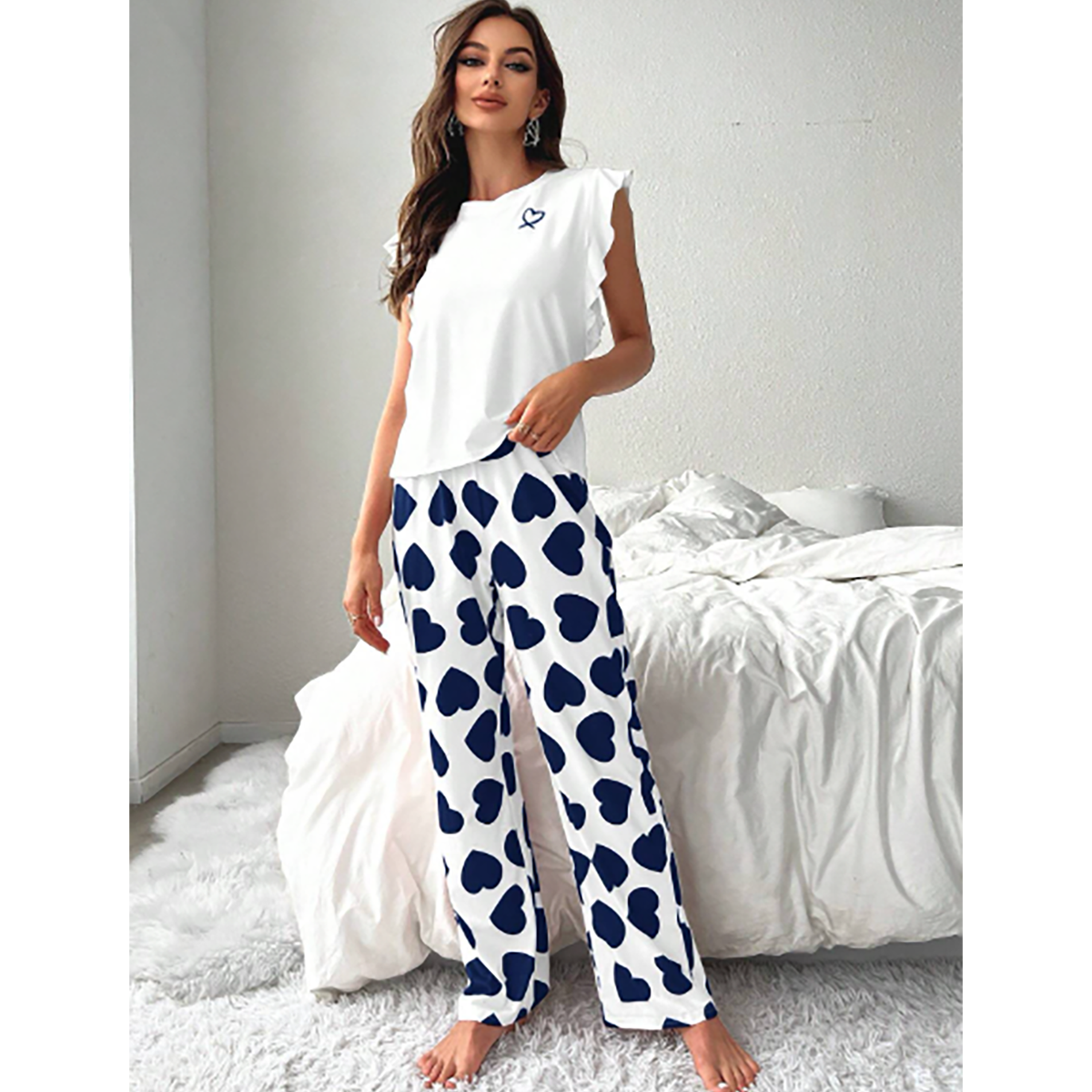 SHEIN- CoupledUp pajama set/sleepwear set with heart print and ruffle trimming