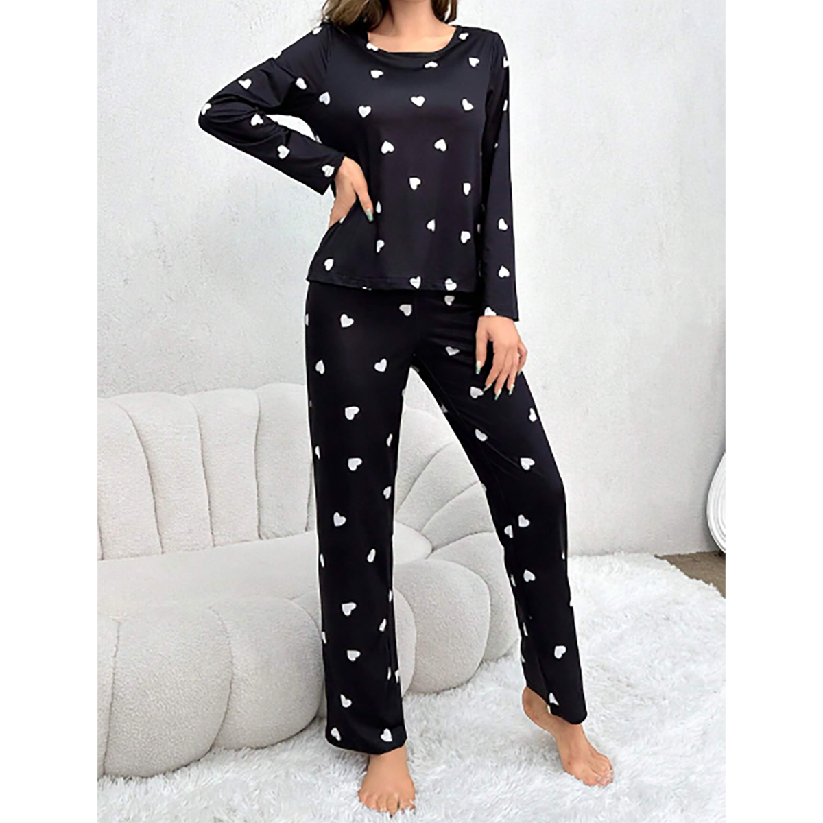 SHEIN- Women's Heart Print Long Sleeve Pants Pajama Set