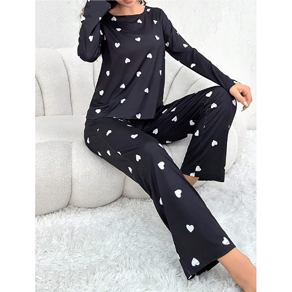 SHEIN- Women's Heart Print Long Sleeve Pants Pajama Set