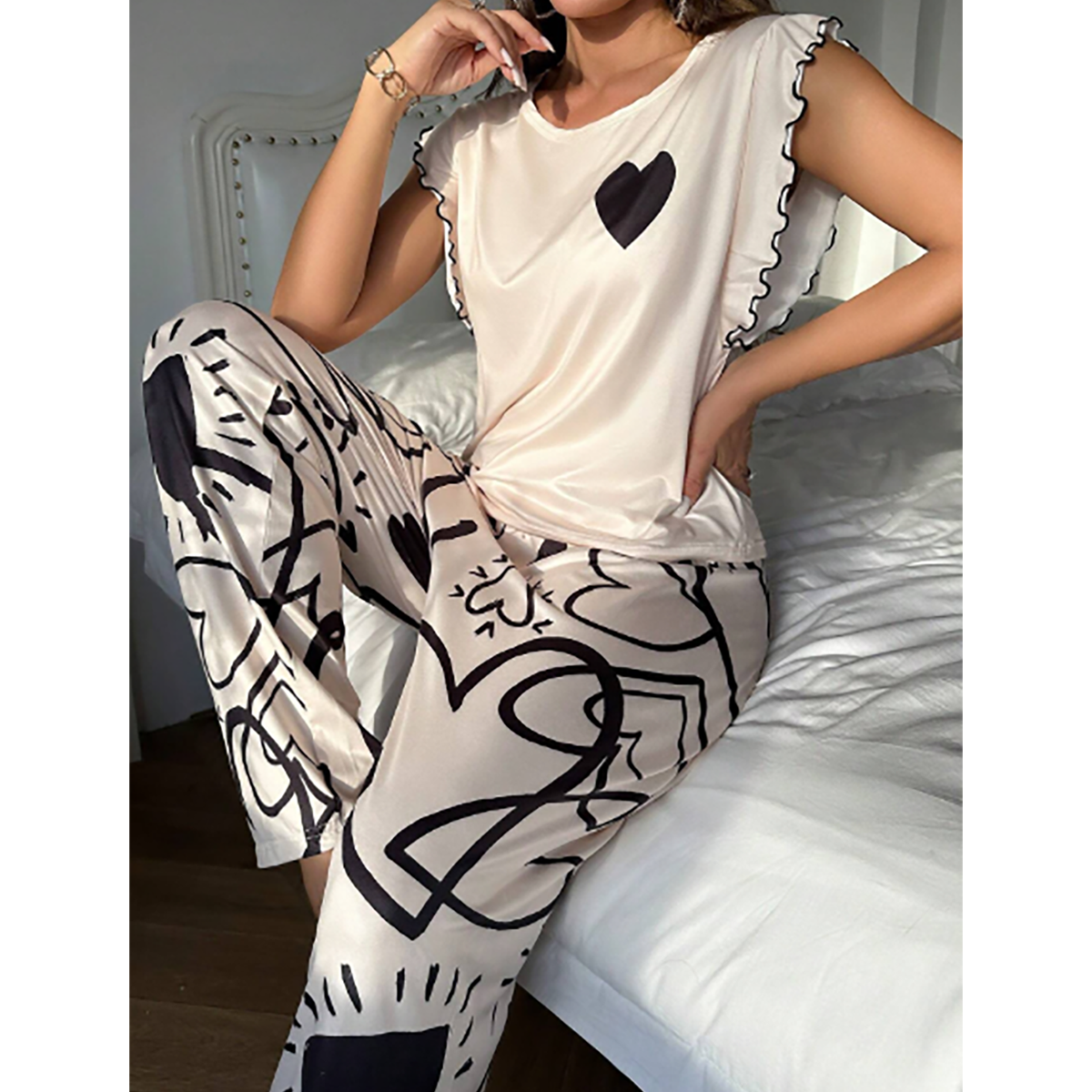 SHEIN- Women's crew neck pajama set with ruffle trim and heart print