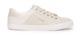 White sneaker with brand logo on a white background