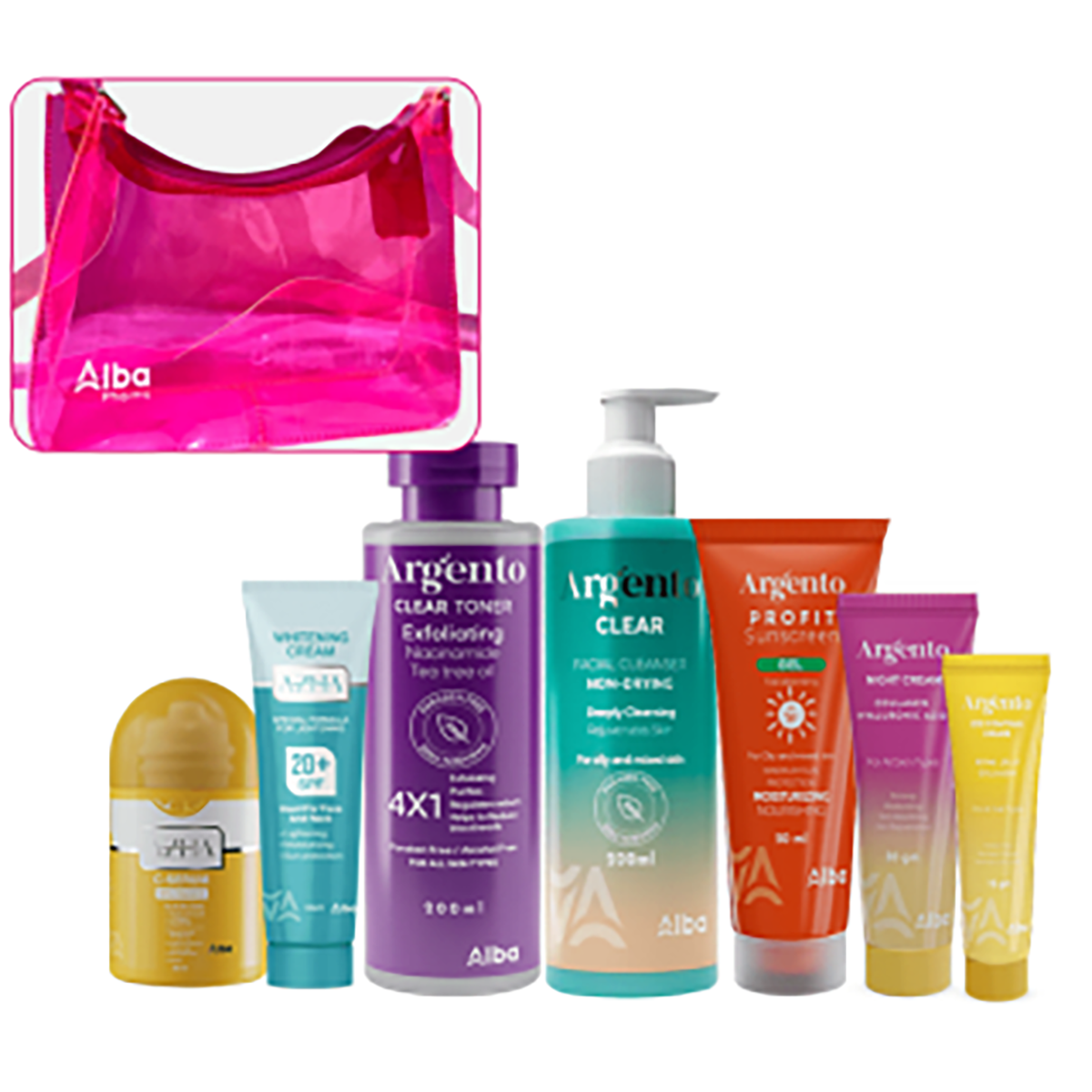 Argento - clear200ml+azha serum30ml+profit gel 50ml+clear toner200ml+night30gm+eye contour 30gm+azha cream 30gm+ pink bag
