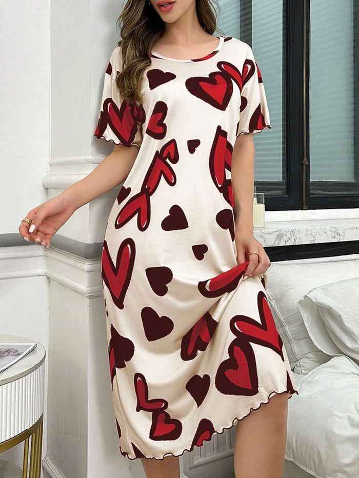 Heart Print Round Neck Casual Versatile Short Sleeve Nightgown