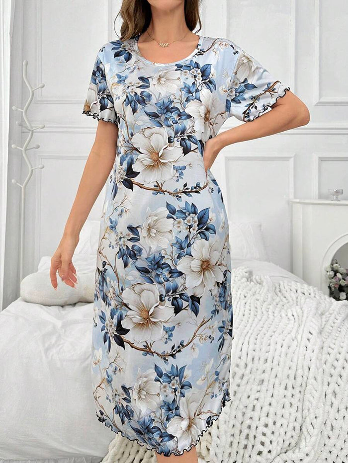 Floral Print T-Shirt Style Long Sleep Dress Pajama Dress PerfectSummer