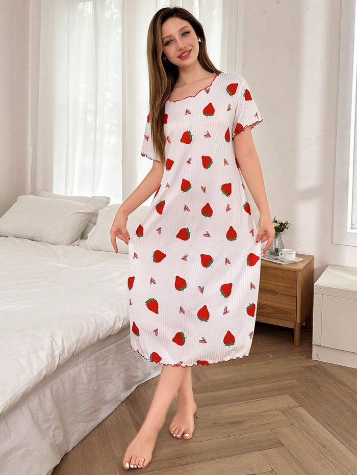 Dream Adore Casual Strawberry & Heart Print Short Sleeve Sleepshirt