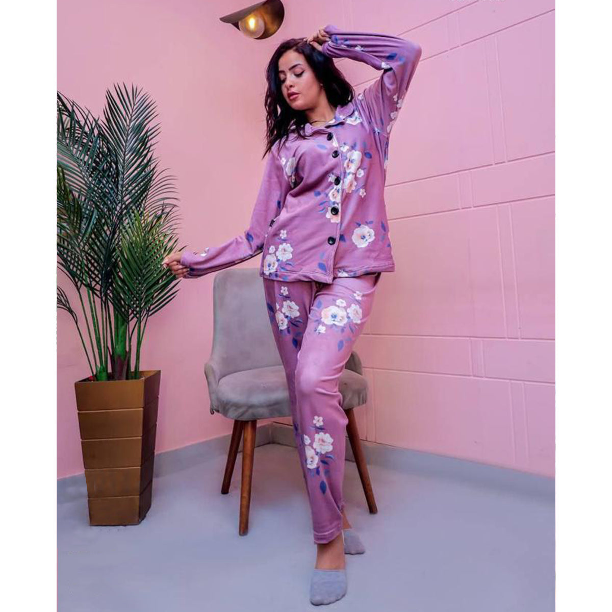 Etmana - Velvet printed pajama set for women's