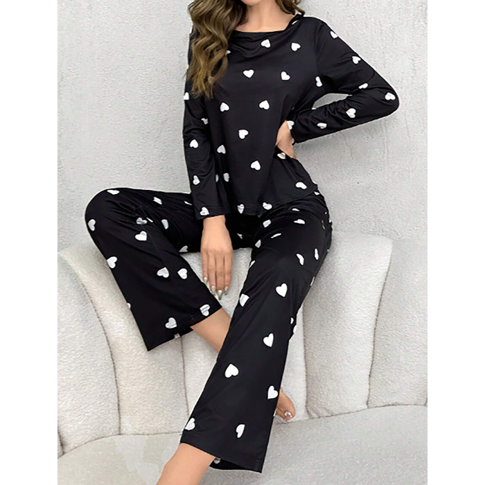 SHEIN- Women's Heart Print Long Sleeve Pants Pajama Set