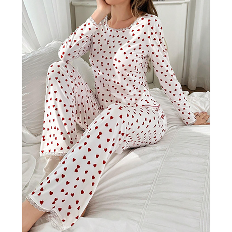 SHEIN- طقم نوم نسائي بحجاب من الدانتيل ونمط قلب بأكمام طويلة وبنطلون