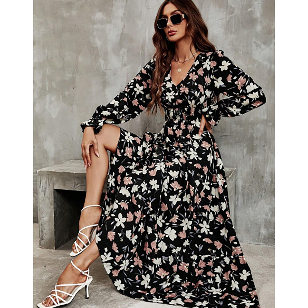SHEIN- فستان ماكسي نسائي بأكمام مكشكشة وطبعة زهور وهالة مكشكشة