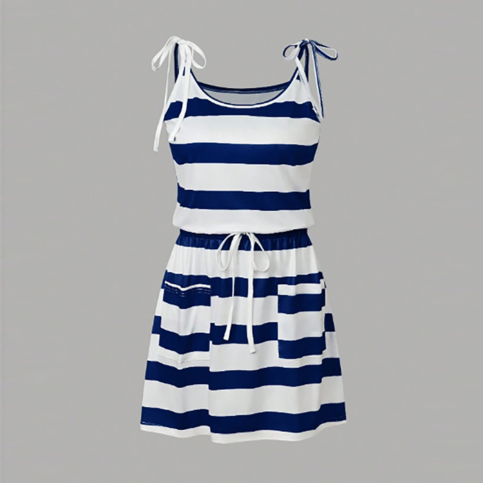 SHEIN- EMERY ROSE Summer Striped Sleeveless Dress with Drawstring Waist and Two Pockets