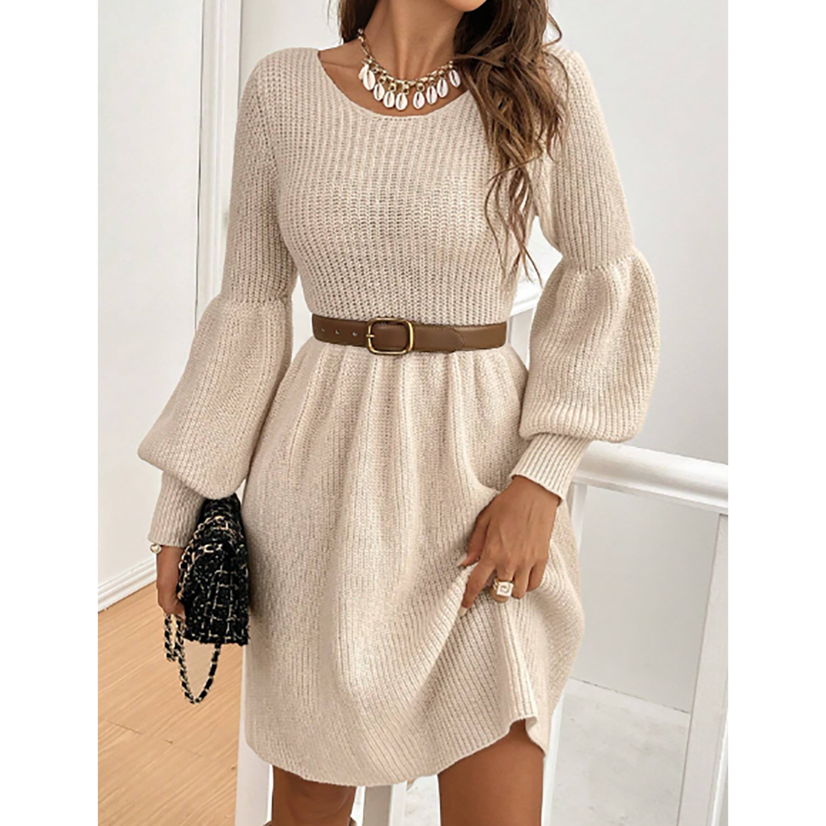R-Shein - R-Shein Frenchy Elegant Long Sleeve Open Back Solid Color Sweater Dress for Women, Fall/Winter